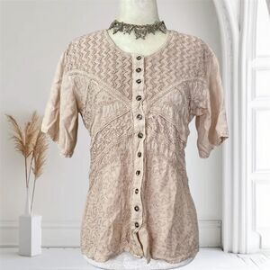 Boho Cottagecore Milkmaid Cream Tan Embroidered Lace Button Down Blouse Top OS
